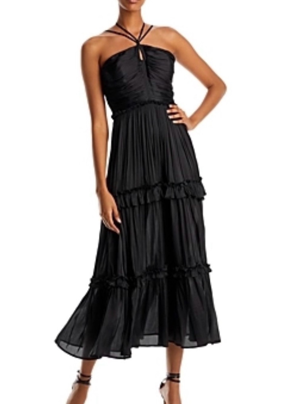 Aqua Black Pleated Tiered Midi Dress